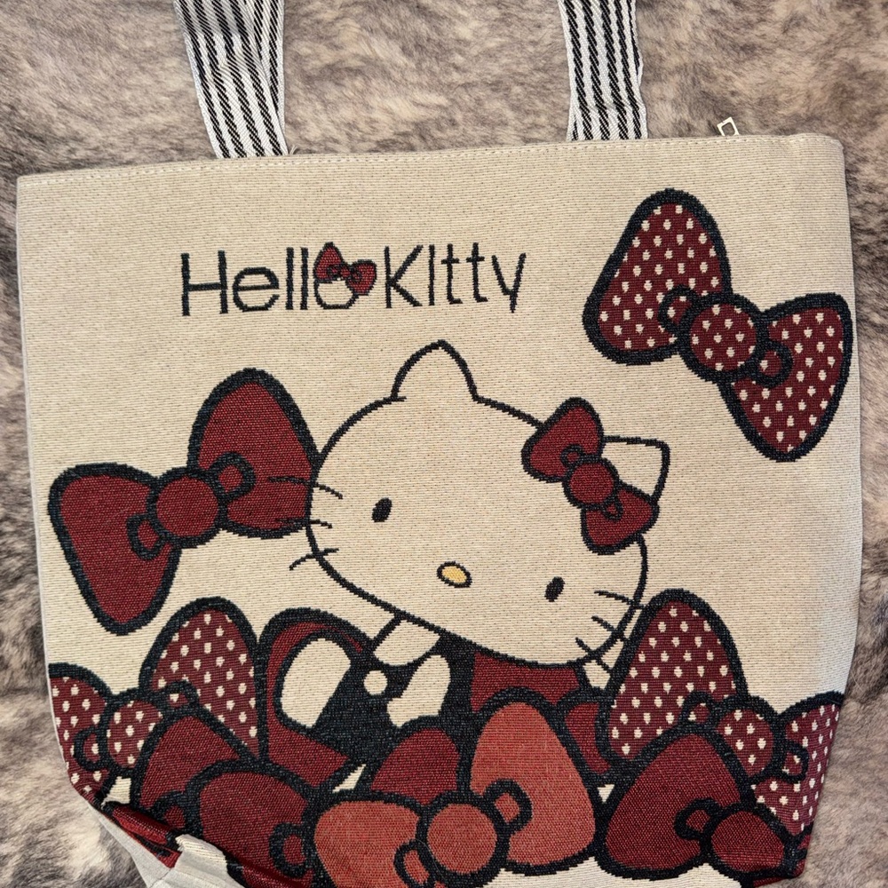 Hello Kitty Cream and Red Bow zippered Tote Bag